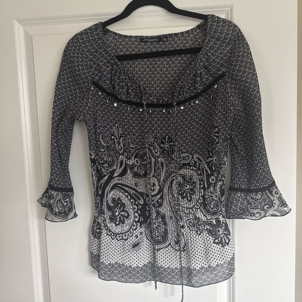 Vintage Notations Black and White Paisley Tie Neck Sequin Tunic Blouse - Picture 5 of 5